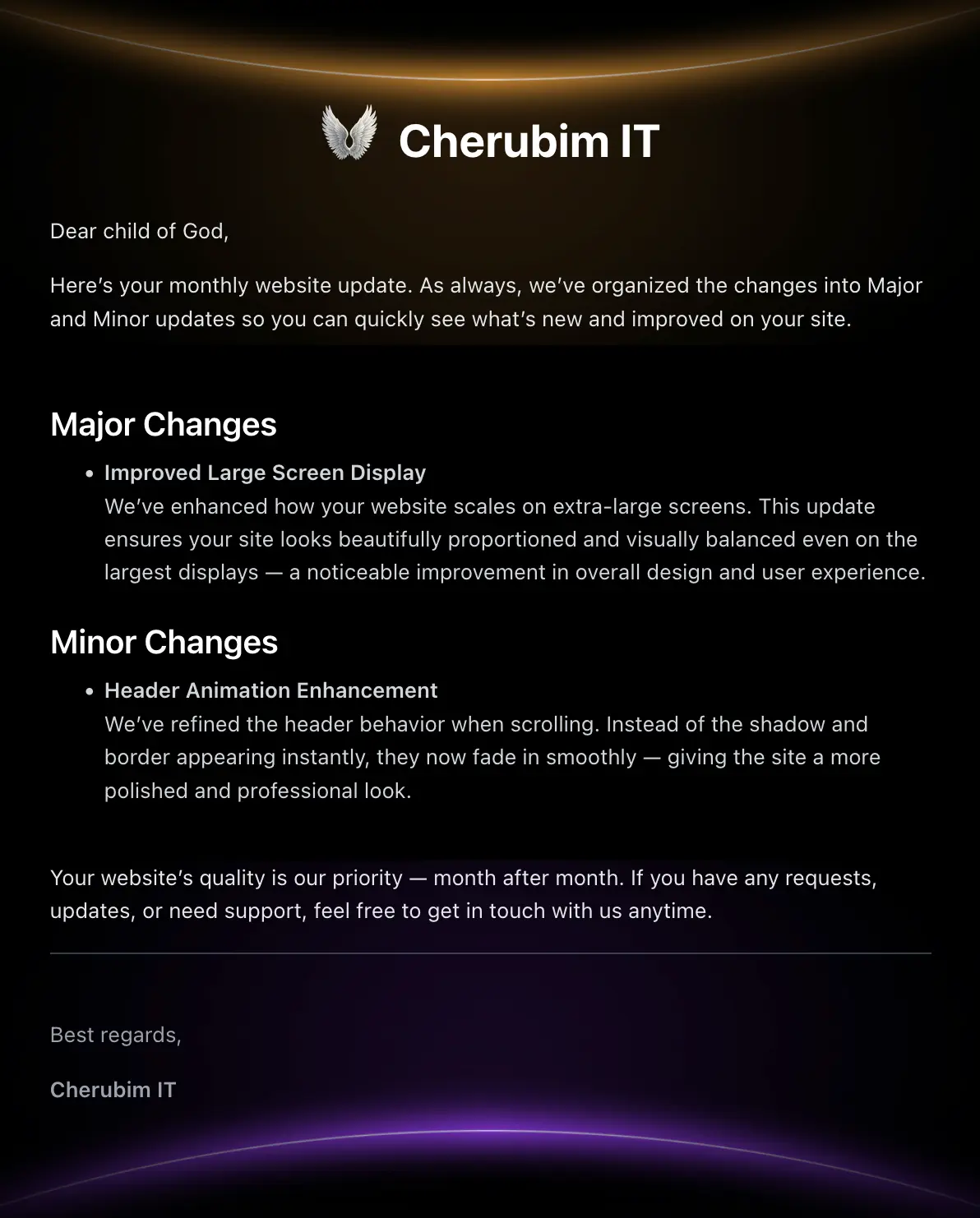 Example email report – ongoing church website design improvements